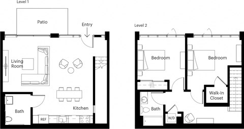 Floor plan for 2 beds, 2 baths, 1125 sqft